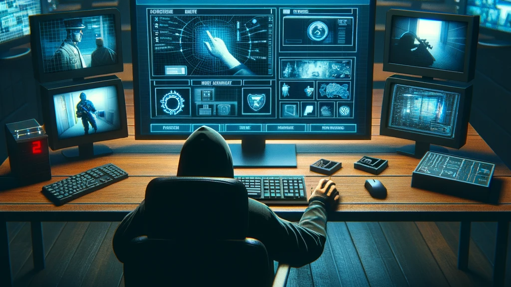 Hacker in a chair in front of several monitors