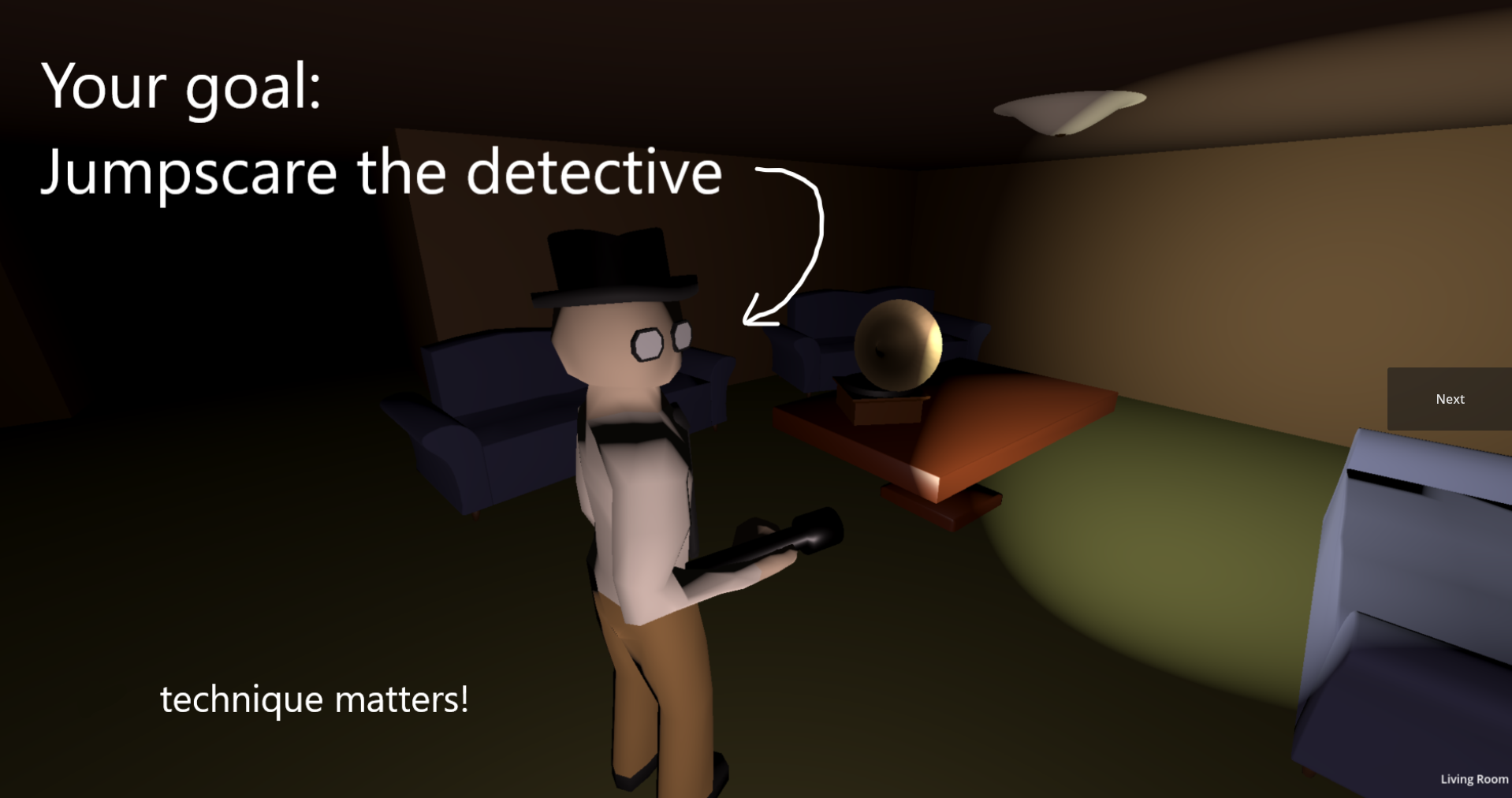 Monster Mansion game screenshot - jumpscare the detective